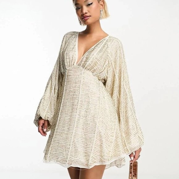 ASOS Sz 4 S White Gold‎ Beaded Sequined Cocktail Mini Dress Empire Waist Bridal - Picture 1 of 16